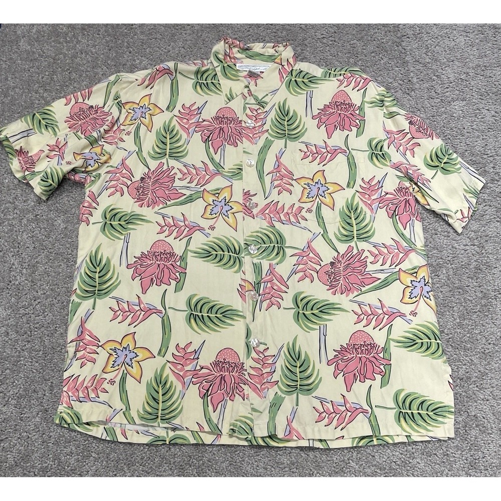 Pineapple Moon Shirt Mens Large Pink Ginger Flower Orchids 100% Silk Hawaiian